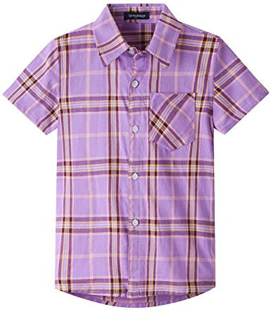 Spring&Gege Ragazzi Camicie abbottonate Scozzese a Quadri a Manica Corte in Cotone con Bottoni Casual per Bambini, Viola, 5-6 Anni