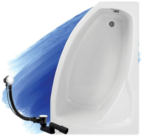 BADLAND Badewanne Original Weiß Acryl Wanne Eckbadewanne FRIDA 140x90 Rechts KOMPLETTSET SET + Füßen und Exklusive Chrom Automatik Ablaufgarnitur Made in EU 3in1