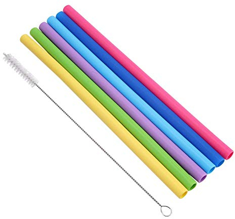 Iwinna 6pcs Reusable Drinking Straws, Silicone Straignt/Bent Straws for Smoothie Milkshake Bubble Tea with Cleaning Brushes, 9.84in(Bent)