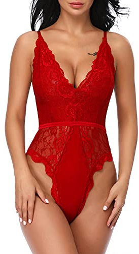EVELIFE Body Damen Sexy Dessous EIN Stück Teddy Babydoll Spitze Bodysuit Lingerie V-Ausschnitt Unterwäsche Nachtwäsche, Rot, XL