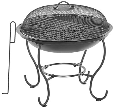 Feuerstelle Rund mit Grillrost Funkenschutzhaube schwarz Stahl Modern Negara