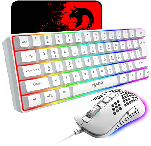 Teclado compacto para juegos 60% cableado 61 teclas 11 efectos de luz de fondo RGB con teclas completas Anti-efecto fantasma + Ratón de nido de abeja ligero con cable de 2400 ppp+alfombrilla