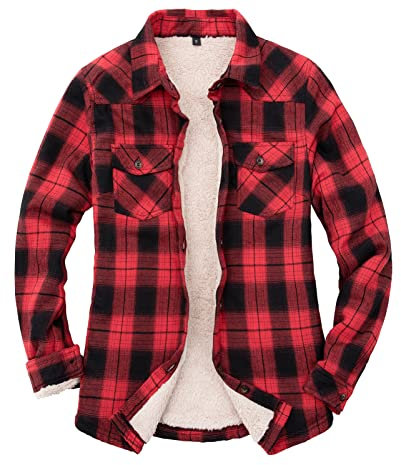 ZENTHACE Veste chemise en flanelle doublée de polaire Sherpa pour femme (doublure Sherpa), rouge/noir, Small