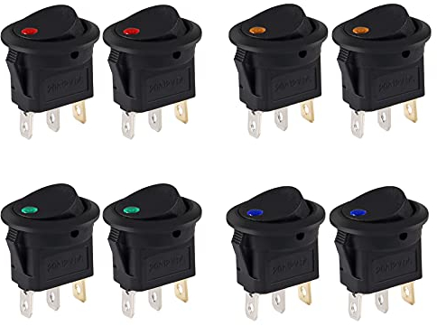 AOICRIE 8 Stück 12V Schalter, 3Pin 20A 12 Volt Kleiner Schalter Autoschalter 4 Farbe Led Wippschalter Auto Lichtschalter, DC Wippschalter Runder Automotive Beleuchteter Schalter Ein Aus Kippschalter