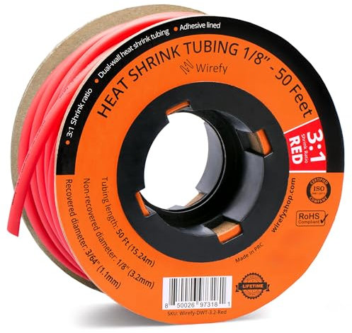 Wirefy Guaina Termorestringente 3,2 mm - Tubo Isolante 3:1 - Interno Adesivo - Rosso - Rotolo 15 m