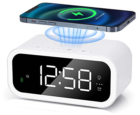 Digital Alarm Clock with Wireless Charging,Alarm Clocks Bedside,15W Fast Wireless Charger Clock with 3 Alarms,Warm Light,USB Charging Port,12/24H,Modern Digital Clock for Bedrooms Living Room Office