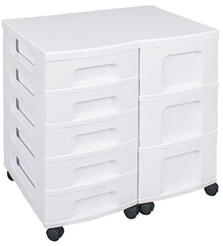 Really Useful Plastic Storage Box Storage Tower Double Top with 5x7 Litre + 3x12 Litre White Frame with Drawers