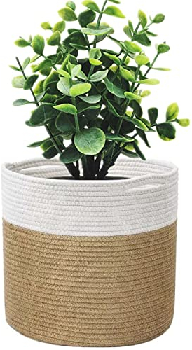 KMERCE Pflanzkorb 25cm Durchmesser, Blumentopf Korb geflochten, übertöpfe für zimmerpflanzen Gross, blumenkorb Indoor, übertopf Korb innen Boho, pflanzentopf Gestrickt mit Baumwollfaden und Griffen