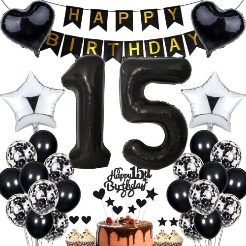 Jrzyhi Luftballon 15. Geburtstag Dekoration,Party Deko Schwarz Tortendeko Geburtstag 15 Jahre Junge,15 Geburtstag Mädchen Junge,Tortendeko 15. Geburtstag Junge Mädchen,Geburtstagsdeko 15 Jahre Mädchen