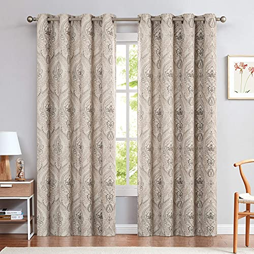 TOPICK Taupe Blickdicht Vorhänge Wärmeisoliert Verdunkelungsvorhang mit Ösen Blumen Muster Vintage Leinenoptik Gardine Lichtdicht Thermovorhang für Wohnzimmer Schlafzimmer 2 Stück H245xB130cm