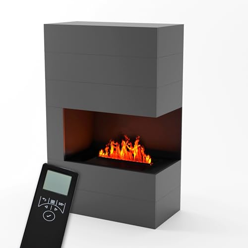 GLOW FIRE Wasserdampf Kamin TUCHOLSKY rechts (Standkamin) - Elektrokamin mit realistischen LED 3D-Flammen, Knistereffekt & Fernbedienung, 90x140 cm - Opti-Myst 500 Elektro Kamin, Grau