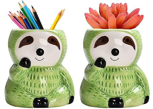 LOZACHE Lustige Blumentopfe Klein 2er-Set, Faultier Geschenk Mini Keramik Blumentopf für Sukkulente Pflanzen Blumen Draußen Balkon Garten Dekoration Innen Außen (Grün)
