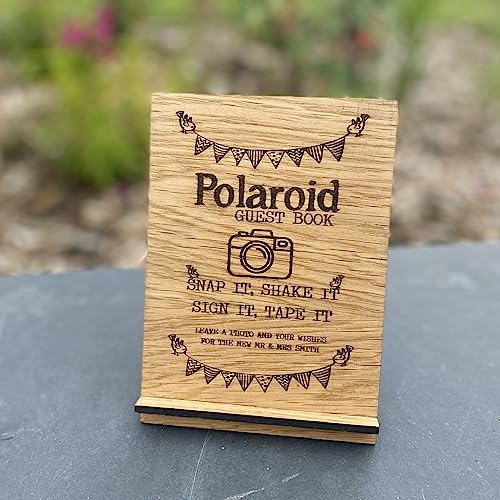 Luck and Luck Personalised Wedding Wooden Photo Guest Book Sign, Polaroid Photo Camera Table Sign, Wedding Guest Book Decoration, Wooden Oak Veneer Sign