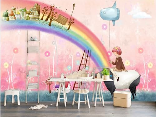 BELOKA Papier Peint Panoramique 3D Arc En Ciel Fille Animal Maison Dessin Animé Papier Peint 3D Intissé Moderne Décoration Murale