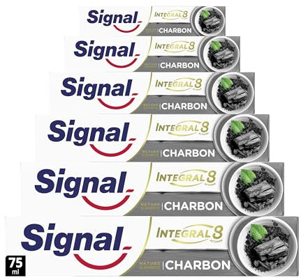 SIGNAL - Dentifrice Integral 8 Nature Elements Charbon - Des dents plus blanches et une bouche purifiée - Zinc minéral - 96% d'ingrédients d'origine naturelle (lot de 6x75ml)