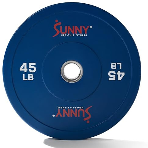 Sunny Health & Fitness Elite 2-inch Rubber Olympic Bumper Weight Plate 45 LB Single Color Coded (Blue) with Steel Hub – SF-OP01-45