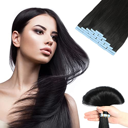 Tape Extensions Echthaar, Unsichtbare Tape-in Extensions Echthaar, 100% Remy Echthaar, Seidig & Volle Spitzen, Natürliches Schwarz #1B, 20 Stück, 40g, 35cm, Wiederverwendbar, Haarverlängerung