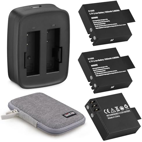 GeeKam S1050 Akku (3er-Pack) mit 2-Kanal Ladegerät für AKASO V50 Elite, Goxtreme Blackhawk+/Blackhawk/Stage, ThiEYE T5/T5e/T5 Edge/T5 pro/E7, Andoer AN7000, Rollei 530/630, TecTecTec XPRO4+