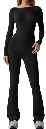 Yoisdtxc Women's Long Sleeve Square Neck Slim Fit Jumpsuit - Wide Leg Full Length Jumpsuit (B-Black, M)