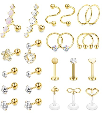 Chriscoco 24 Piezas 16G Piercing de Oreja Acero Quirúrgico, Tragus, Nariz, Aro, Septum, Labio, Helix, Pendientes Oro
