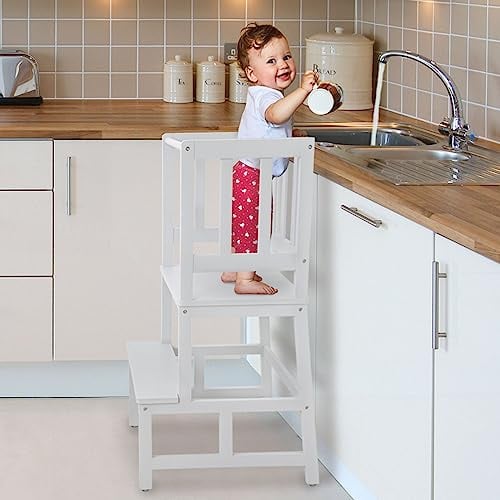 COSYLAND Lernturm für Kinder, FSC® Zertifizierter Natürlicher Bambus, Stylisch Kippschutz, Höchste Sicherheit, Montessori Lernturm ab 1 Jahr für Küche, Bad (Weiß)