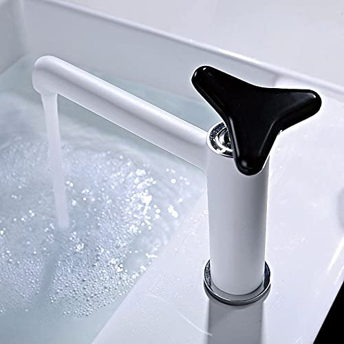 Bathroom Sink Tap Chrome Plated/White Paint/Black Paint Brass Hot and Cold Washbasin Faucet, Trigonometric Stone Handle Mixer Water Tap Basin Taps (Color : White)