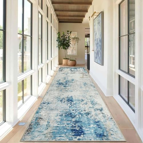 Homcomodar Abstrakter Läufer Teppich für Flur 80x300cm Flur Runner Teppiche rutschfeste Moderne Teppiche Runner Waschbare Küche Teppich Läufer für Wohnzimmer Schlafzimmer(Blau)