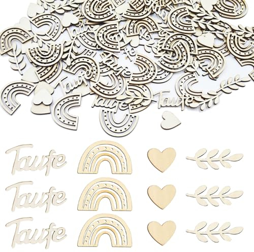 100 Stück Holz Kommunion Konfetti, Baby Party Deko Holz Tischdeko in 4 Formen, Taufe Konfetti Gemischtes Muster, Holz Regenbogen Boho Konfetti, Herzförmige Furnier Dekoration für Birthday
