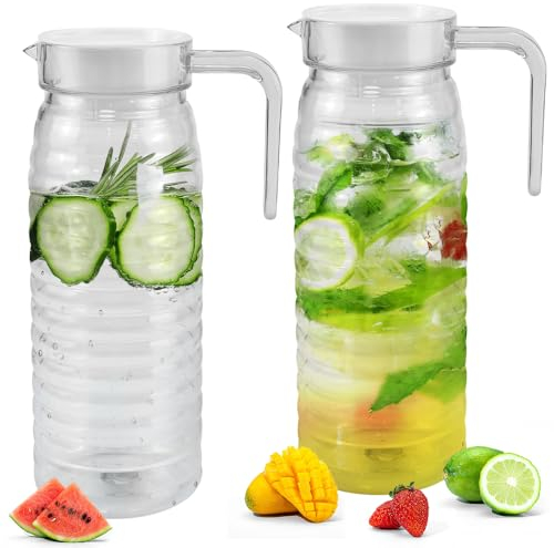 ADERTOS 2PCS Carafe Eau Pichet à Eau Plastique 1.1L Pichet à Thé Glacé Carafe à Eau Transparente Pichet À Jus avec Couvercle Carafe à Eau avec Poignée Pichet en Plastique Transparent pour Vin, Jus