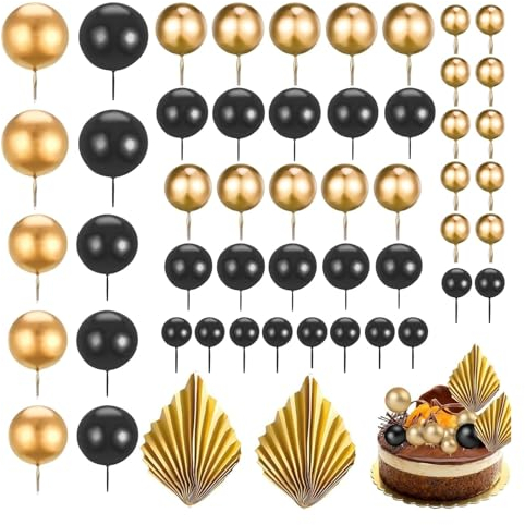 52PCS Black and Gold Cake Decorations, Gold Cake Decorations, Spherical Cake Surface Layer Ball, Balloon Cake Topper, Palm Leaf Black, Used for Decorating Cake