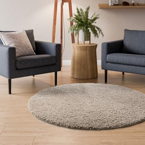 Interiyou Hochflor Teppich Sofia - 160x160 cm Rund Beige - flauschig und einfarbig - waschbar und rutschfest - weicher Langflor