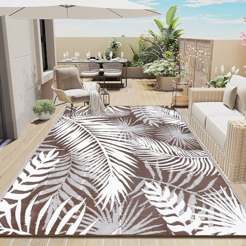 Enyhom Large Outdoor Rugs for Garden Waterproof 240 x 300 cm, Reversible Outdoor Mats Plastic Straw Rug, Portable Folding Picnic Woven Rug for RV, Patio, Backyard, Deck, Camping, Brown