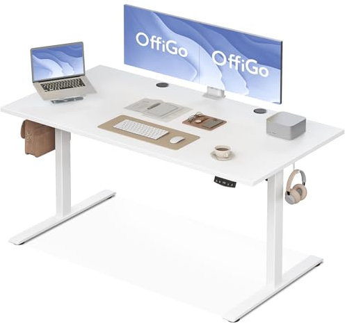 OffiGo Scrivania Regolabile in Altezza, 160 cm Scrivania Elettrica, Scrivania Ergonomica con Funzione di Memoria, Standing Desk, Modern Scrivania Computer per Casa e Ufficio, Bianco