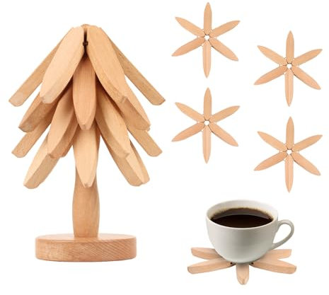 Untersetzer-Set in Baumform, 5 Stück Untersetzer aus Holz für Warme Gerichte Anti-Verbrühungsmatte Wooden Tree Coaster mit Ständer Faltbare Topfuntersetzer für Küchenarbeitsplatten, Teekannen
