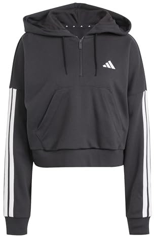 adidas Women's Essentials 3-Stripes French Terry Quarter-Zip Hoodie, Black/White, XS