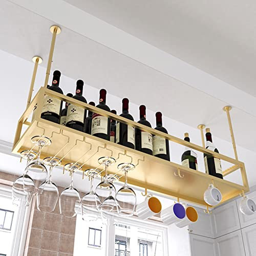 KOIAMVZW Weinregal, Deckenhängeweinhalter Gold Metall Weinflasche Display Rack mit Brille Aufbewahrungsregal | Für die Küchenleiste unter Kabinett, einstellbare Höhe/120 * 25 * 21 cm