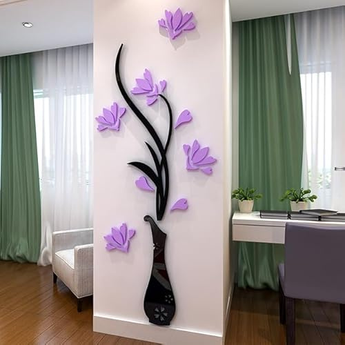 3D-Wandaufkleber Blume in Vase, Wanddekoration Acryl Spiegeleffekt, moderner Wandaufkleber für Schlafzimmer, Wohnzimmer, Esszimmer, Wandkunst elegantes Design (Schwarz+Lila)