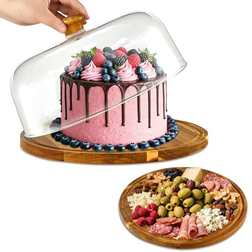 Mozphae Alzata per torte in legno con coperchio a cupola in acrilico, piatto rotondo in legno con coperchio, set da tavola da dessert 2 in 1 per feste, salumi per formaggio, patatine e salse, nachos
