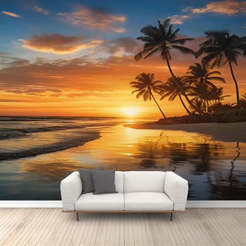 Beach Murals Sunshine Sunset Beach Mural Wallpaper Tropical Palm Trees Mural Large Natural Landscape Wallpaper for Living Room Study Room Hotels Offices 400 x 280 cm