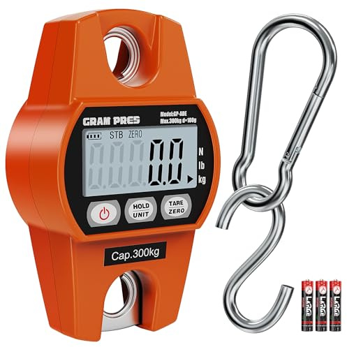 GRAM PRES Bilancia digitale sospesa, mini bilancia per gru 660LB/300KG, bilancia digitale con ganci per fattoria, pesce, bagagli, attività all'aperto.
