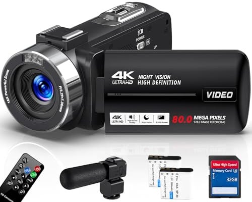 Delmodes Videocamera 4K 30FPS 80MP 18X zoom digitale IR visione notturna Vlogging, schermo IPS da 3,0 pollici con scheda SD da 32 GB, microfono, telecomando e 2 batterie