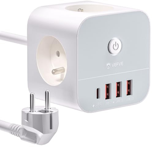 VEFVE Multiprise Cube 20W USB C avec Rallonge 2m et Interrupteur, Blanc | 3 Prises et 4 USB. 20W PD pour iPhone et Galaxy. 3680W avec protection enfants, Idéal pour maison et bureau