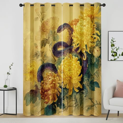 Generisch Chrysantheme Vorhänge, Schlange Gelb Blumen Muster Vorhang Blickdicht, Gardinen mit Ösen Thermovorhang für Wohnzimmer Schlafzimmer Fenster Deko, H225 x B140, 2er Set Mhz231