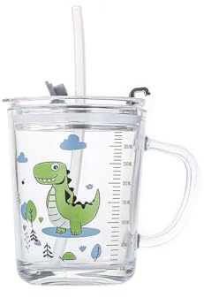400 ml Tazza da bevanda Bicchiere, Tazza da colazione, Tazza da latte, Include cannuccia e spazzolino per cannuccia, con coperchio per diverse opzioni di consumo (Dinosauro verde A)