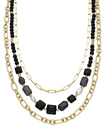 LUXENTER Halskette mit schwarzem Harz, mit 18-karätigem Gold-Finish, Farbe Schwarz, Damenschmuck, Modell Nyste