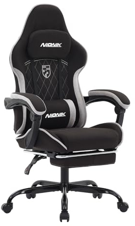 NIONIK Massage Chaise Gaming Tissu Respirant avec Coussin Lombaire Massant | Chaise Ergonomique Réglable à 135° avec Repose-Pieds, Chaise de Bureau Enfant et Adulte, Capacité 150kg