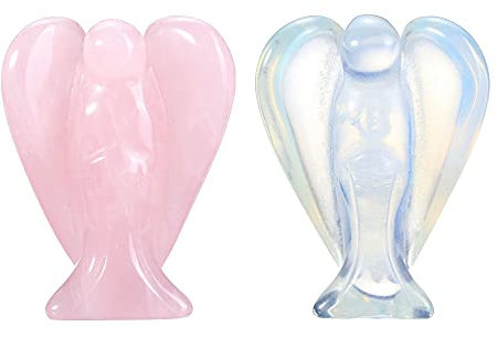 CrystalTears 2pc Caved Guardian Angel Natural Rose Quartz/Opalite Reiki Healing Statue Fengshui Figurine Gift for Christmas 1.5