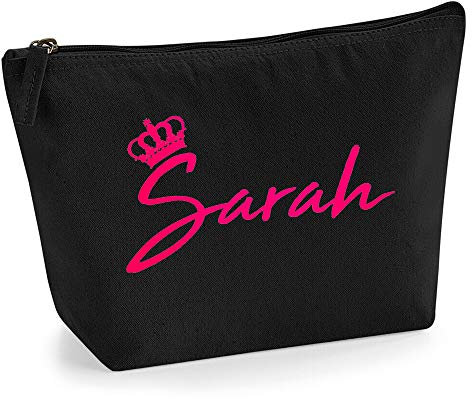 Personalisiert Name Initialen & Königin Krone Kosmetiktasche Damen Schminktasche für Handtasche Makeup Tasche - Glitter oder Flocke Material Druck - Neonrosa Flocke - L - Schwarz