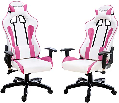 GIOSEDIO GSA212 Weiß/Rosa Ergonomisch Gaming PC Stuhl, Chefsessel mit Verstellbarer Rückenlehne und Armlehnen. Racing Bürostuhl Komfortabler Bürostuhl in sportlicher Racer Optik. (Weiß/Rosa)