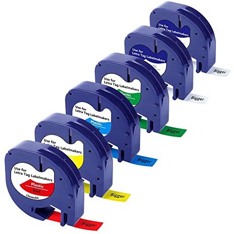 BIGGER kompatible Etikettenbänder als Ersatz für Dymo LetraTag Etikettenbänder, Kunststoff, Schwarz auf Weiß/Gelb/Rot/Blau/Grün/Klar, verwendet mit LT-100H LT-100T, 12mm x 4m, 6 Packungen